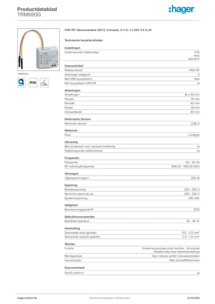 Afbeelding Hager Productdatablad TRM690G | Hager Belgium