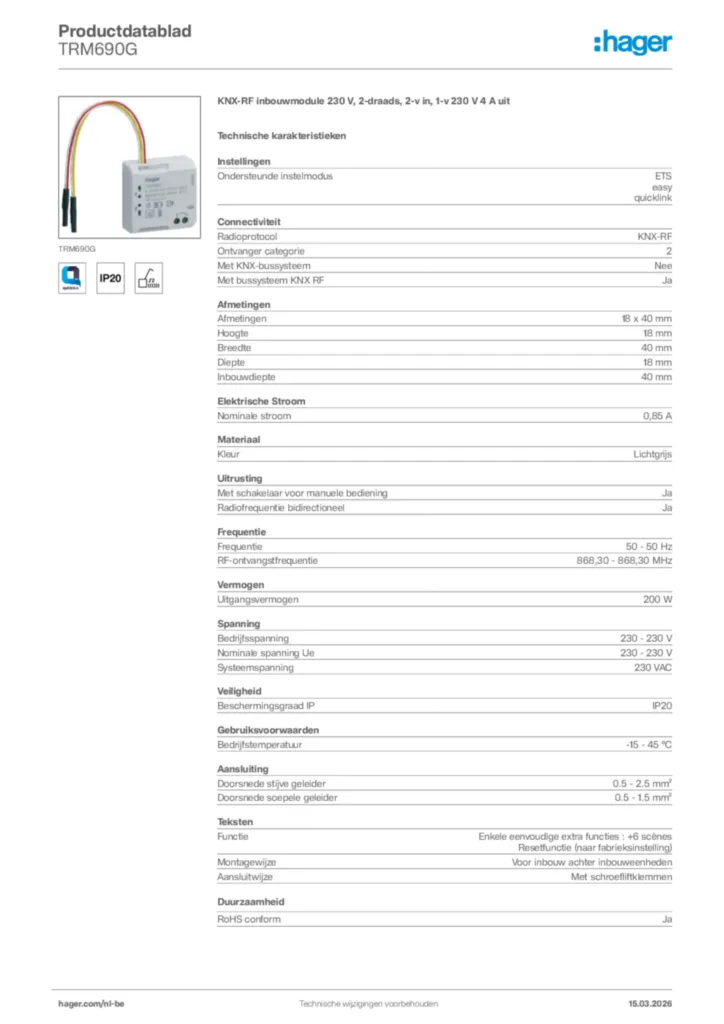 Afbeelding Hager Productdatablad TRM690G | Hager Belgium