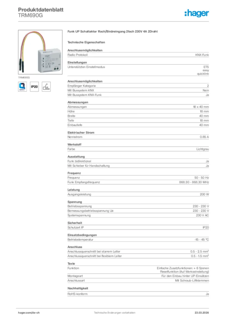 Bild Hager Produktdatenblatt TRM690G | Hager Schweiz