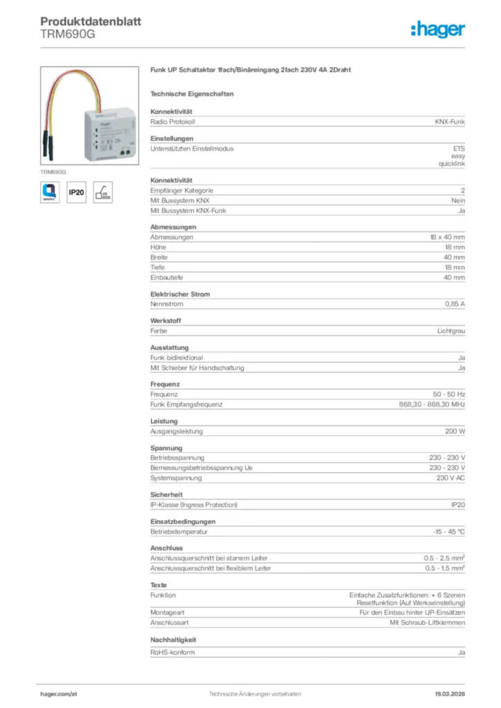 Bild Hager Produktdatenblatt TRM690G | Hager Deutschland