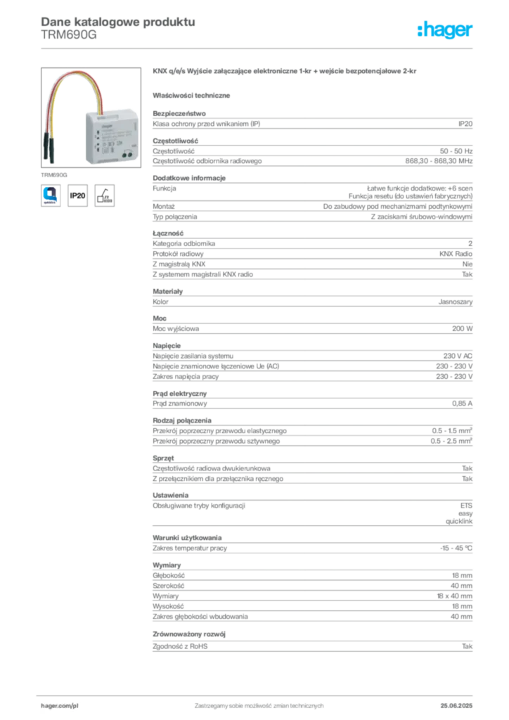 Zdjęcie Hager Dane katalogowe produktu TRM690G | Hager Polska
