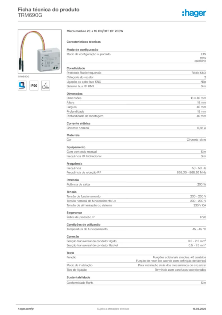 Imagem Hager Ficha técnica do produto TRM690G | Hager Portugal
