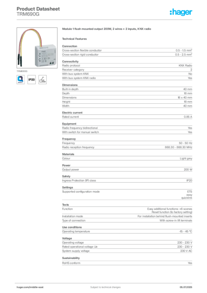 Image Hager Product data sheet TRM690G  | Hager
