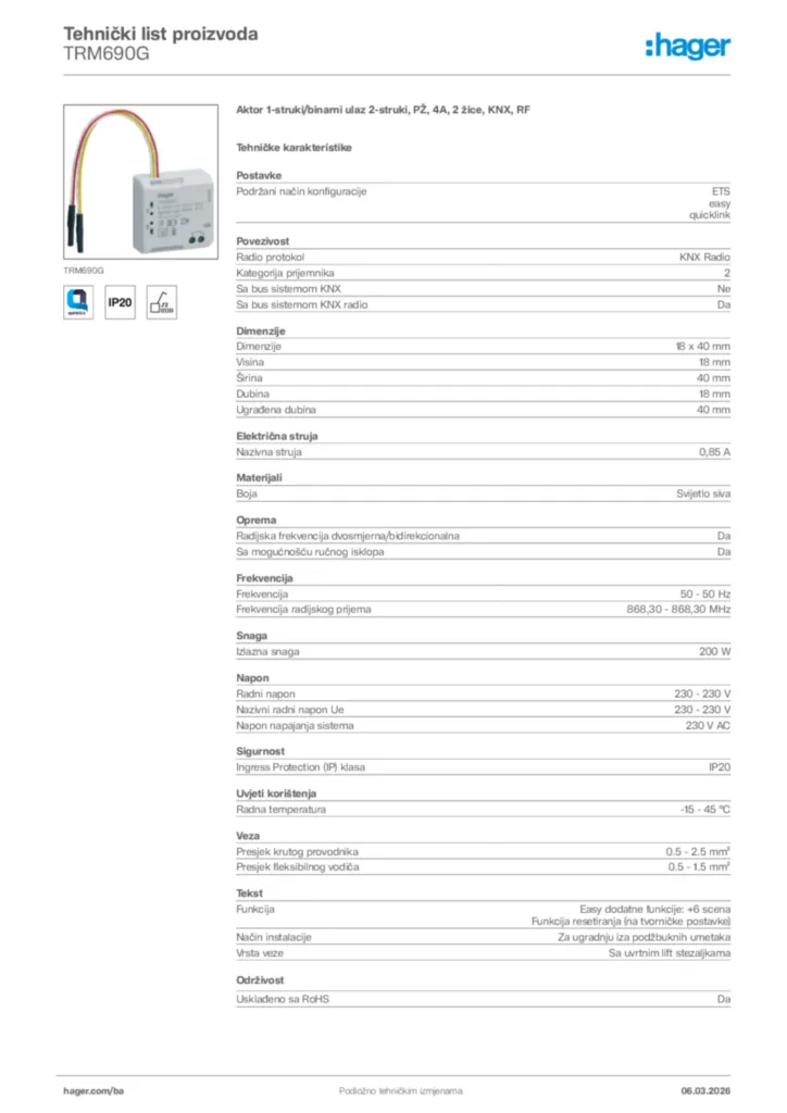 Slika Hager Tehnički list proizvoda TRM690G  | Hager