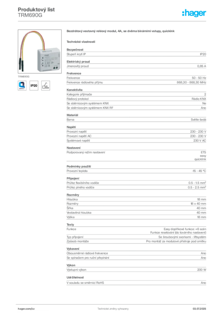 Obrázek Hager Produktový list TRM690G | Hager