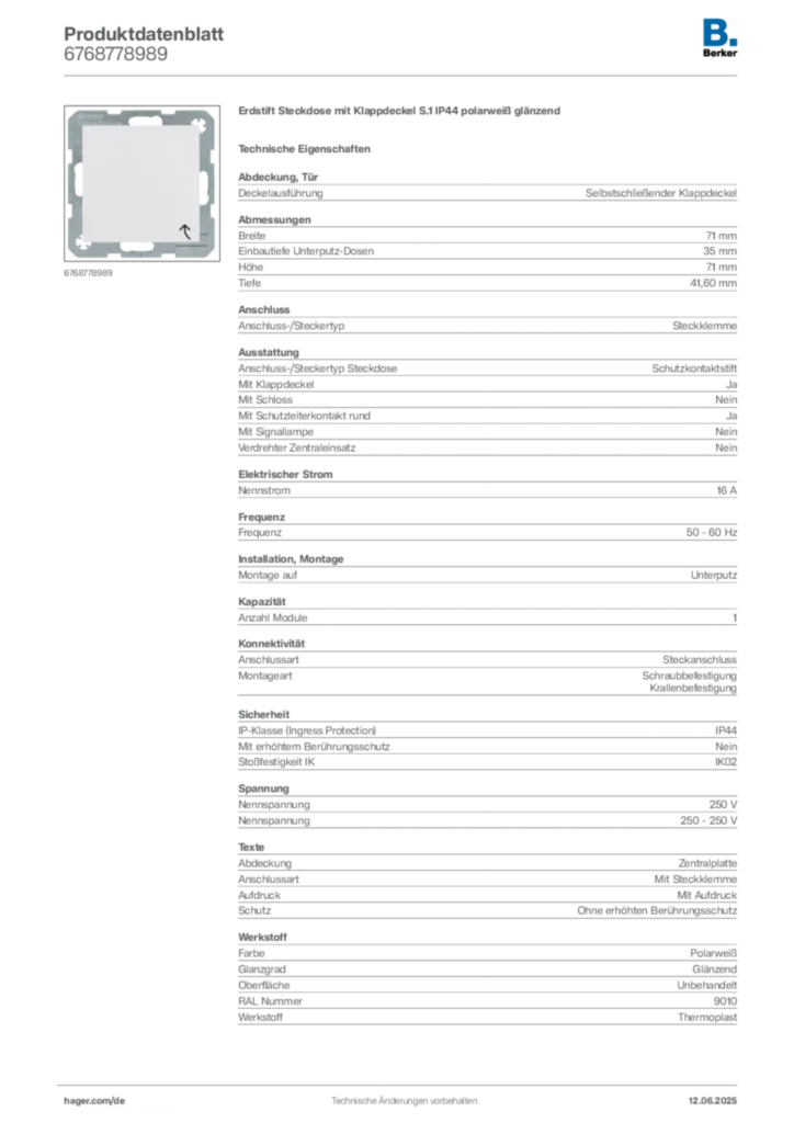 Berker Produktdatenblatt 6768778989