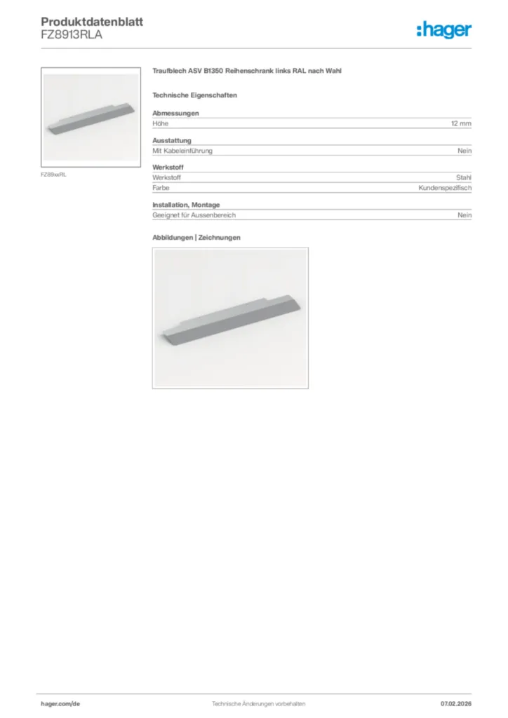 Bild Hager Produktdatenblatt FZ8913RLA | Hager Deutschland
