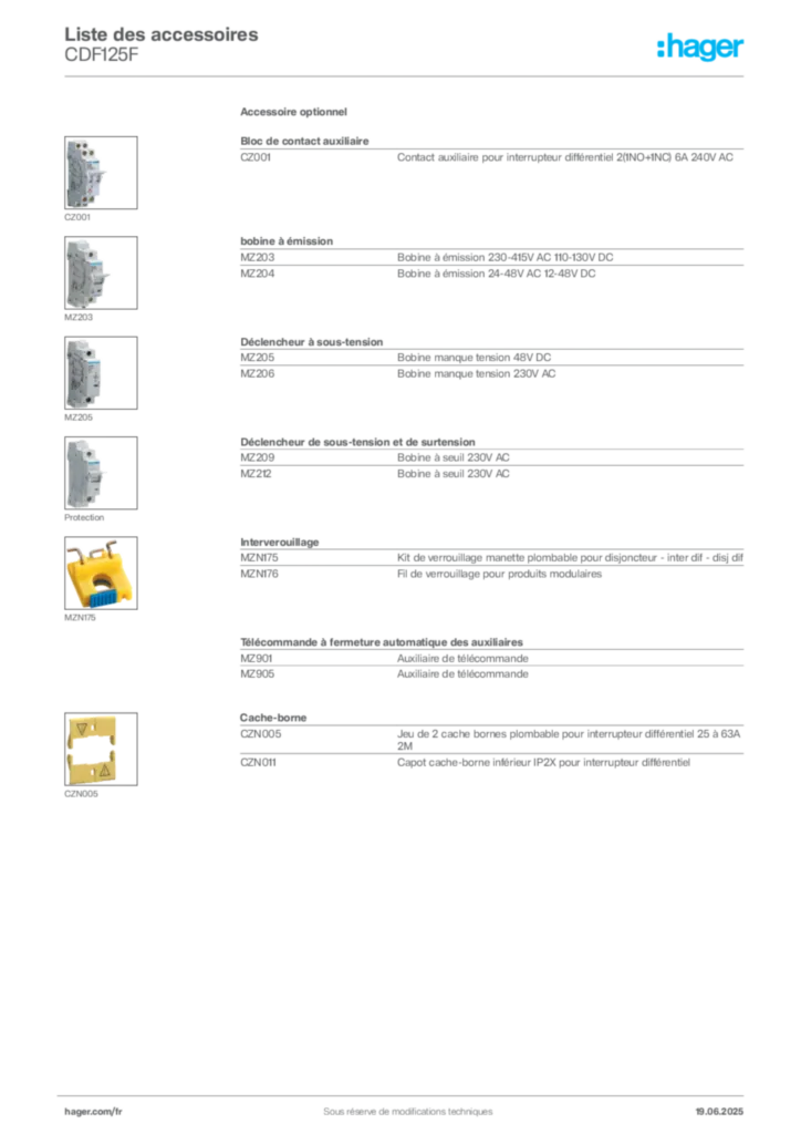 Image Hager Fiche technique du produit CDF125F | Hager France