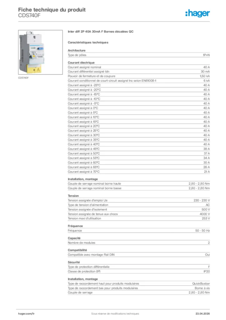 Image Hager Fiche technique du produit CDS740F | Hager France