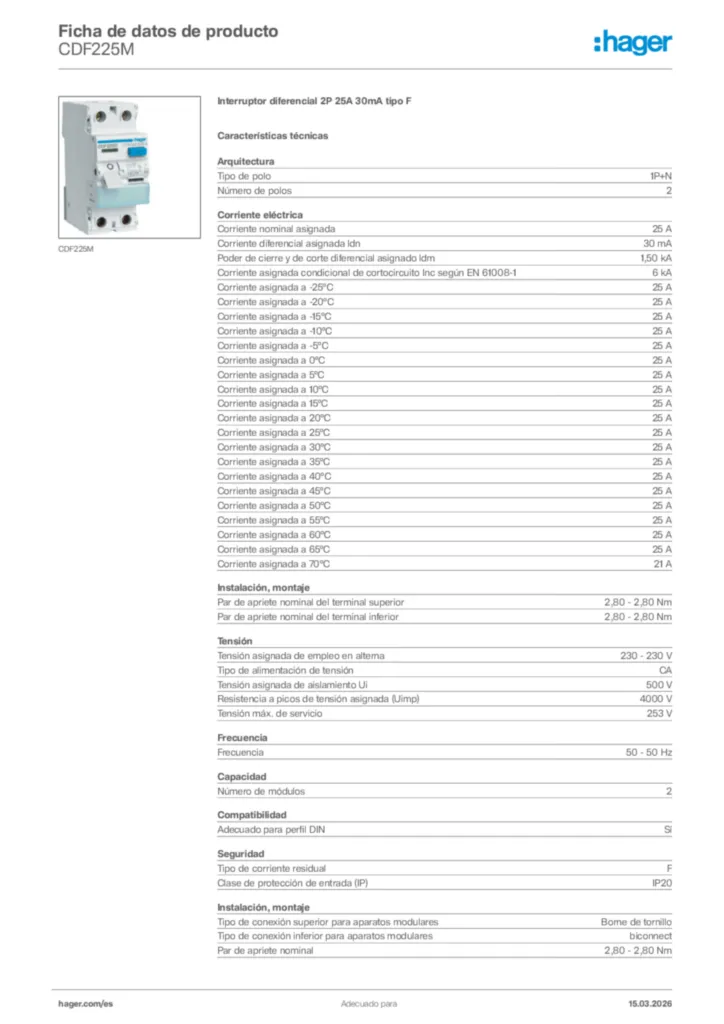 Imagen Hager Ficha de datos de producto CDF225M | Hager España