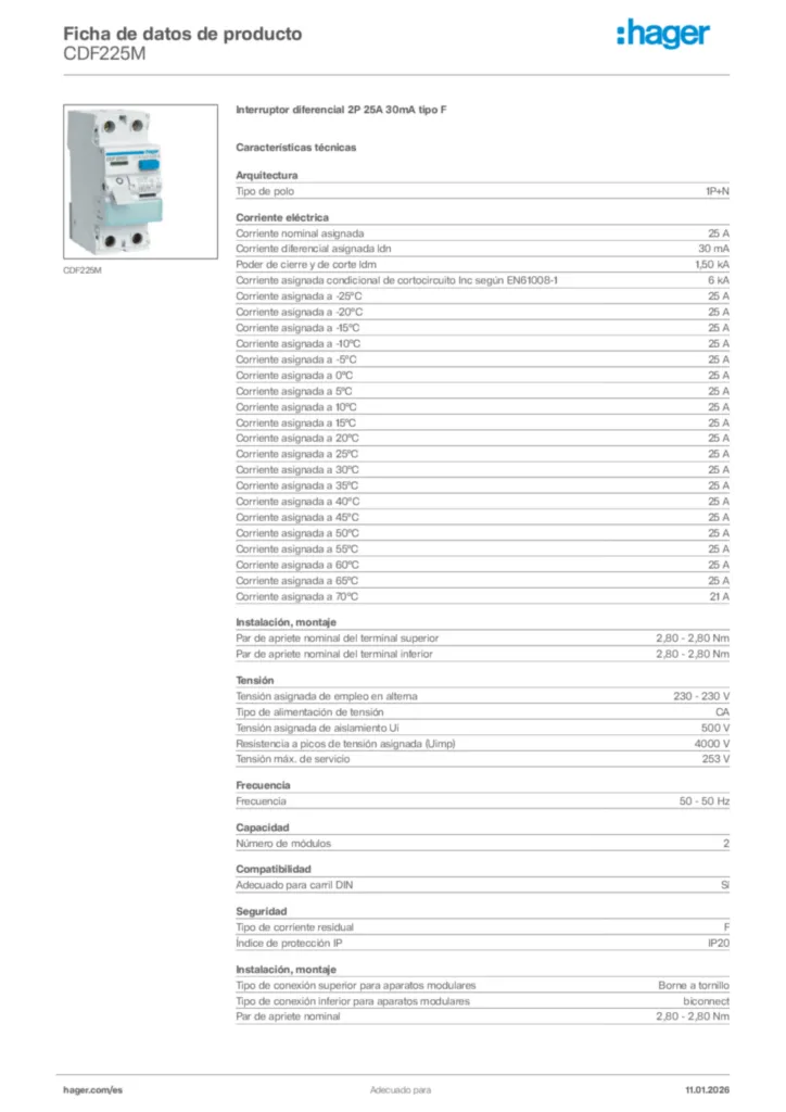 Imagen Hager Ficha de datos de producto CDF225M | Hager España