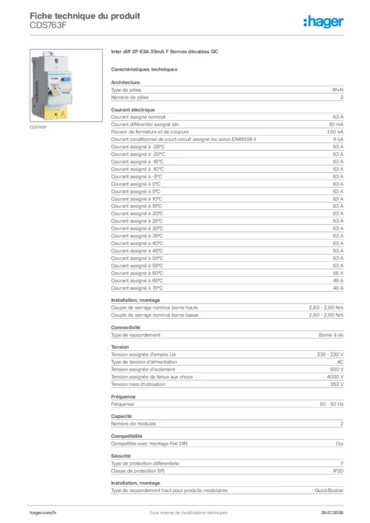 Image Hager Fiche technique du produit CDS763F | Hager France