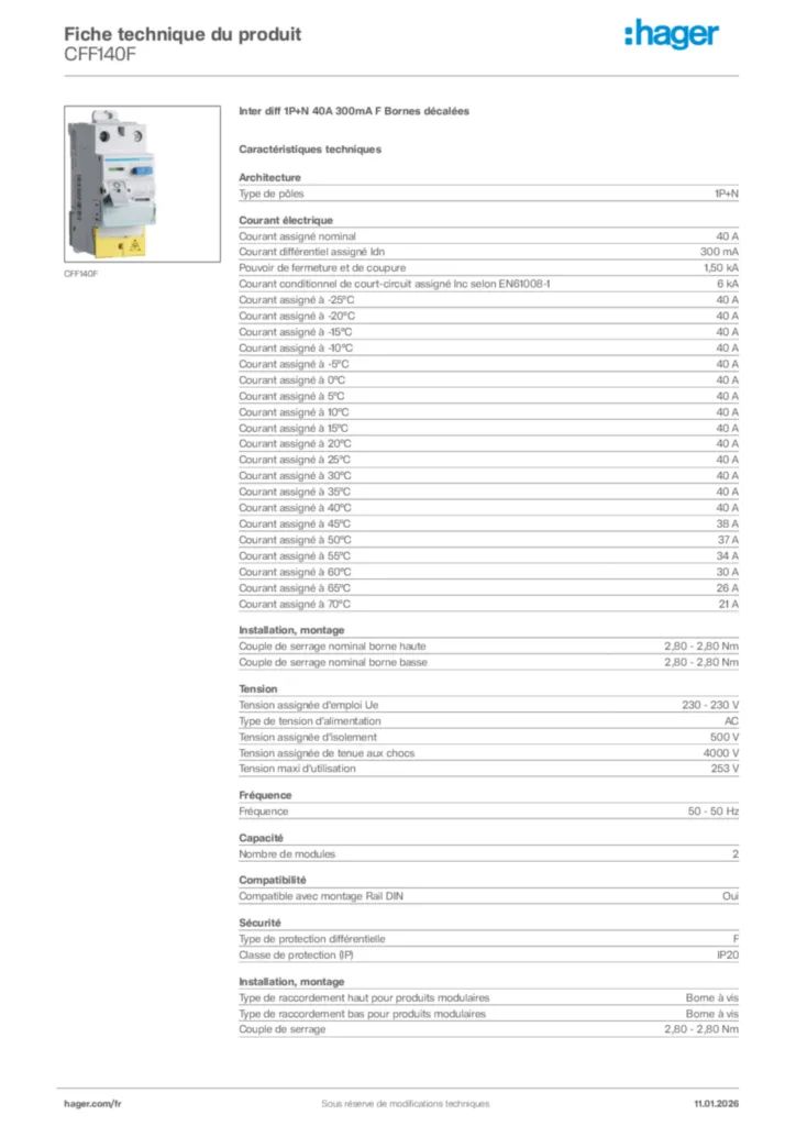 Image Hager Fiche technique du produit CFF140F | Hager France