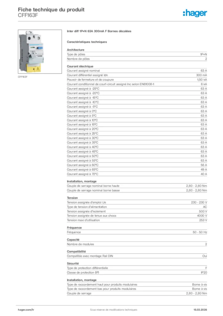Image Hager Fiche technique du produit CFF163F | Hager France