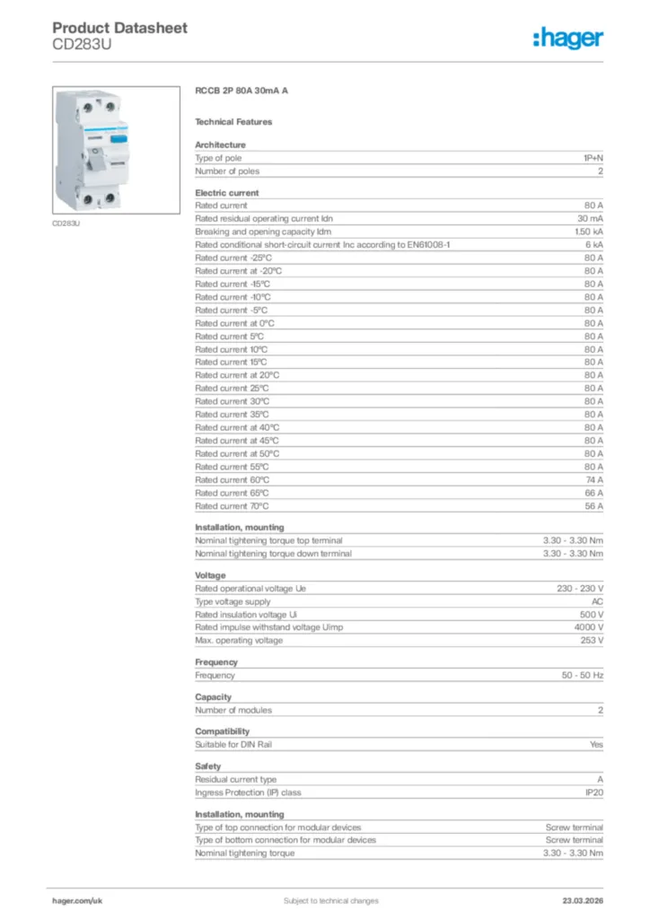 Image Hager Product data sheet CD283U  | Hager