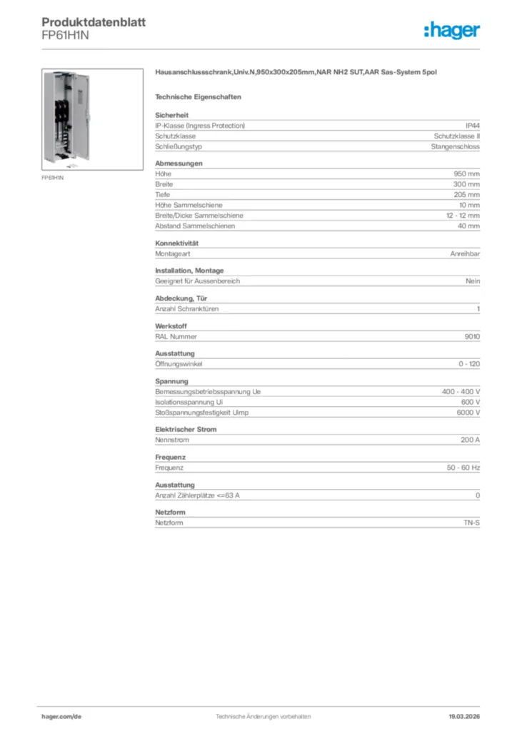 Bild Hager Produktdatenblatt FP61H1N | Hager Deutschland