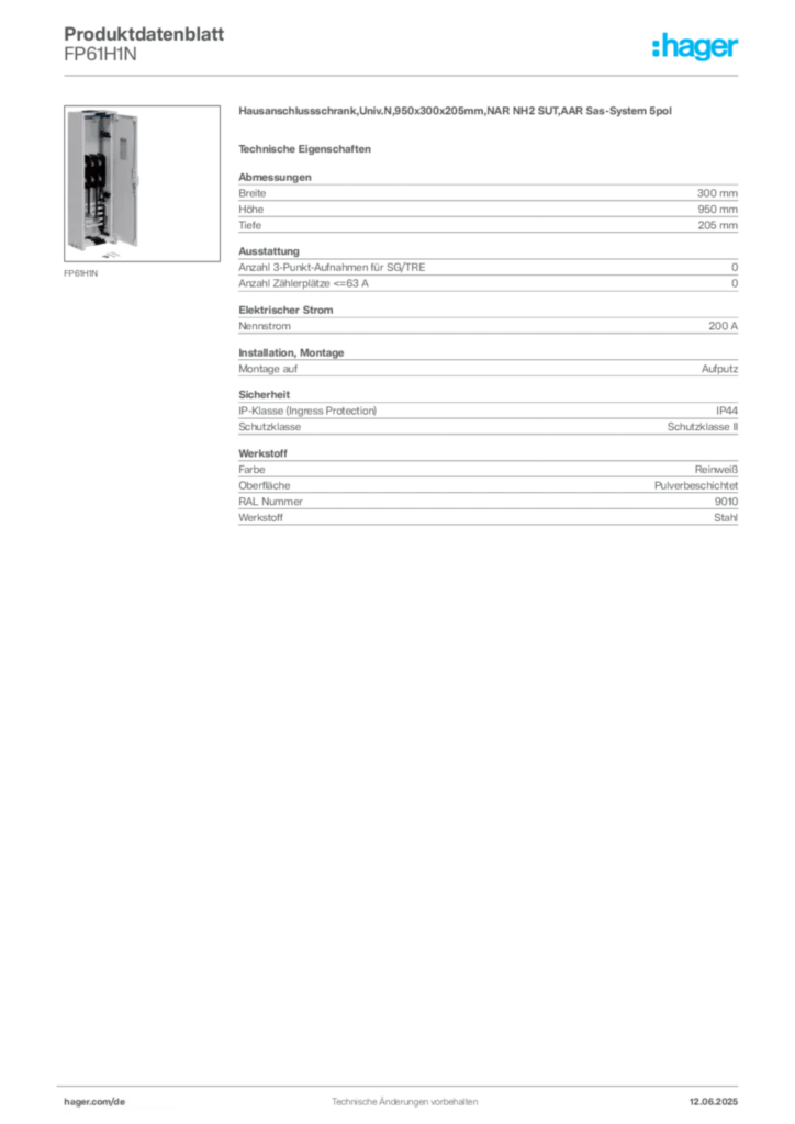 Bild Hager Produktdatenblatt FP61H1N | Hager Deutschland