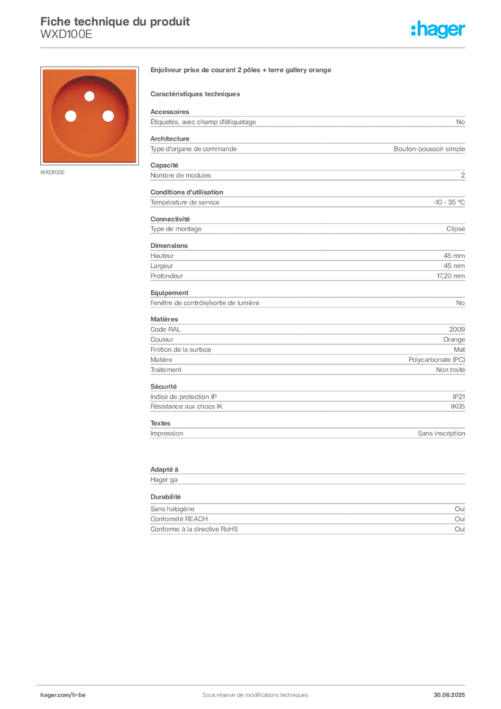 Image Hager Fiche technique du produit WXD100E | Hager Belgique