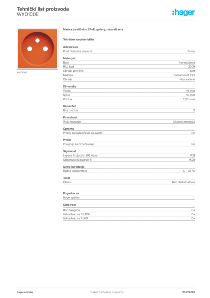 Slika Hager Product data sheet WXD100E  | Hager