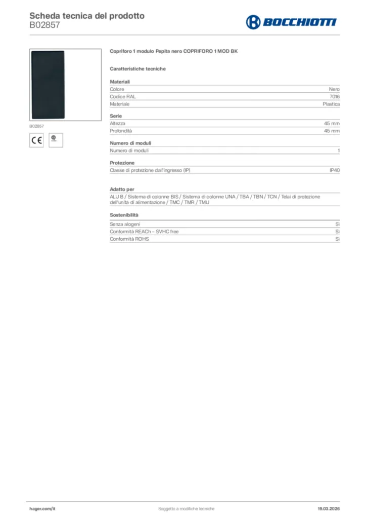 Immagine Bocchiotti Scheda tecnica del prodotto B02857 | Hager Italia