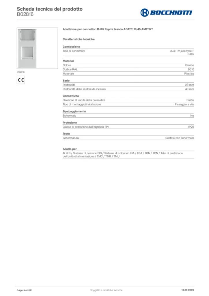 Immagine Bocchiotti Scheda tecnica del prodotto B02816 | Hager Italia