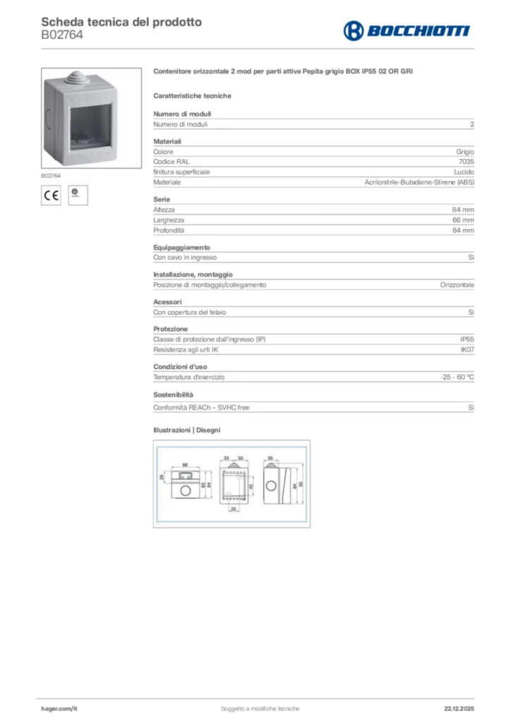 Immagine Bocchiotti Scheda tecnica del prodotto B02764 | Hager Italia
