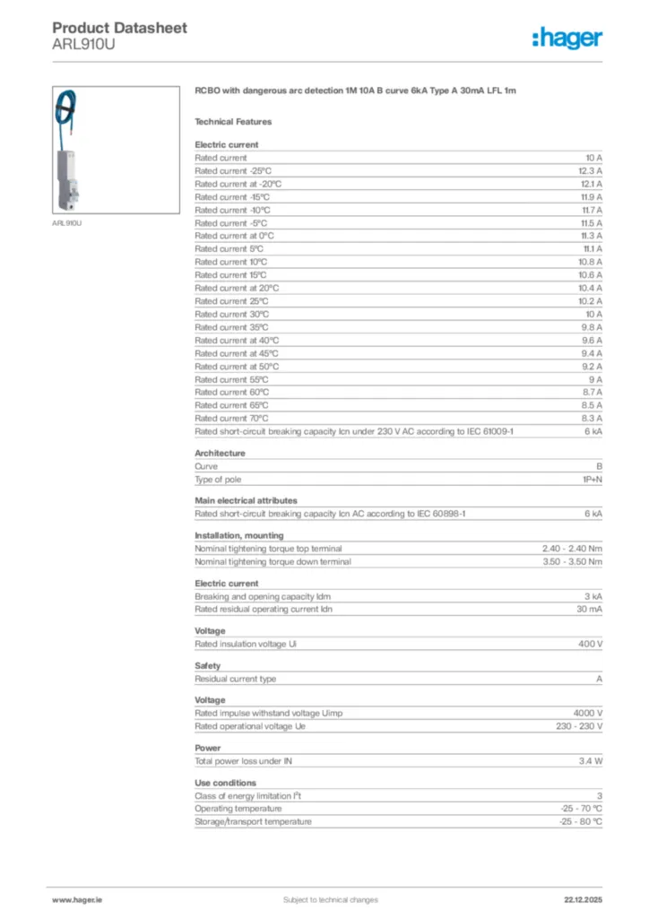 Image Hager Product data sheet ARL910U  | Hager