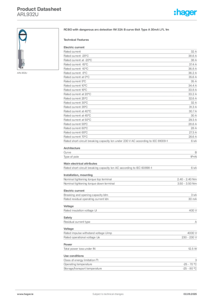 Image Hager Product data sheet ARL932U  | Hager
