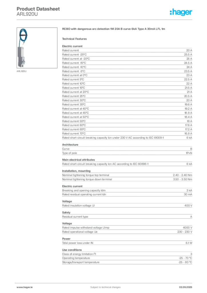 Image Hager Product data sheet ARL920U  | Hager