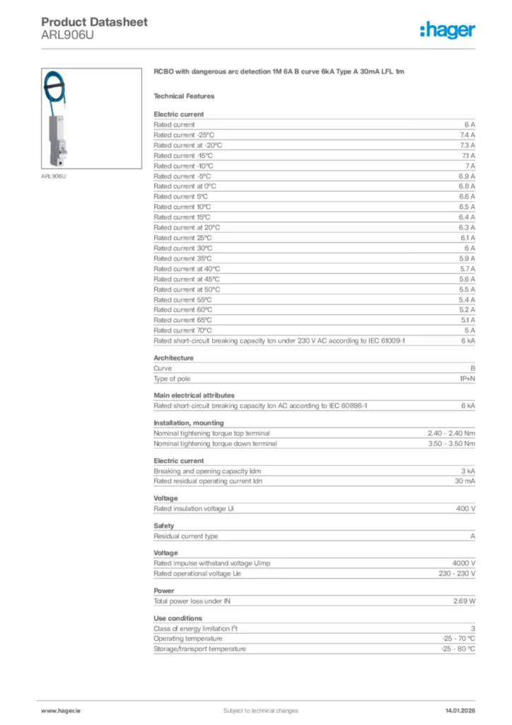Image Hager Product data sheet ARL906U  | Hager