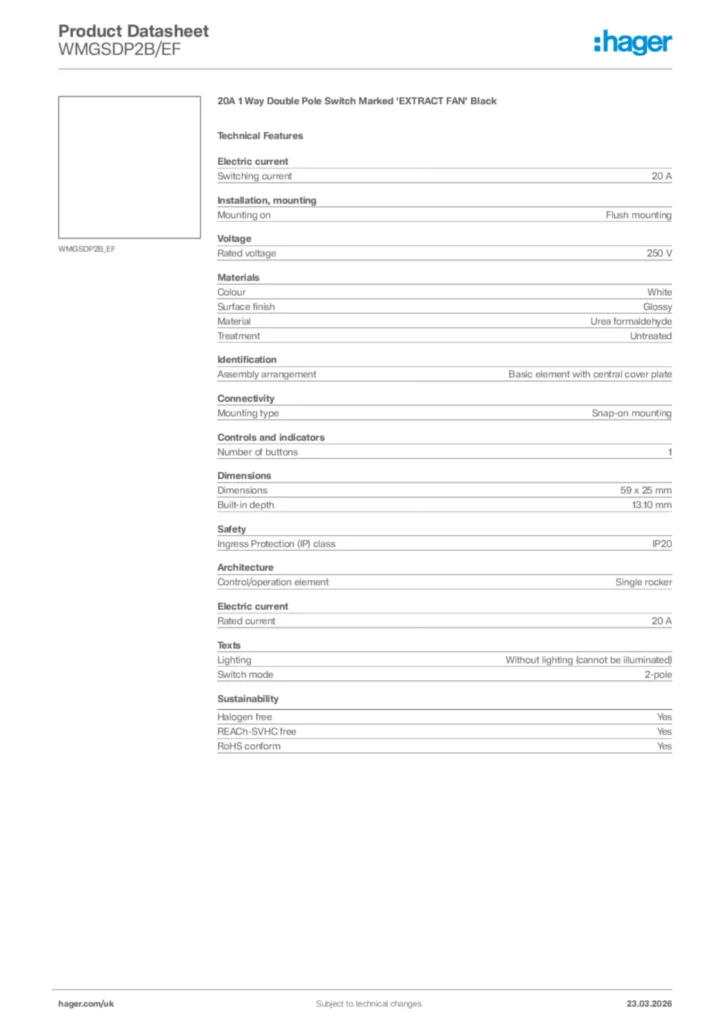 Image Hager Product data sheet WMGSDP2B/EF  | Hager