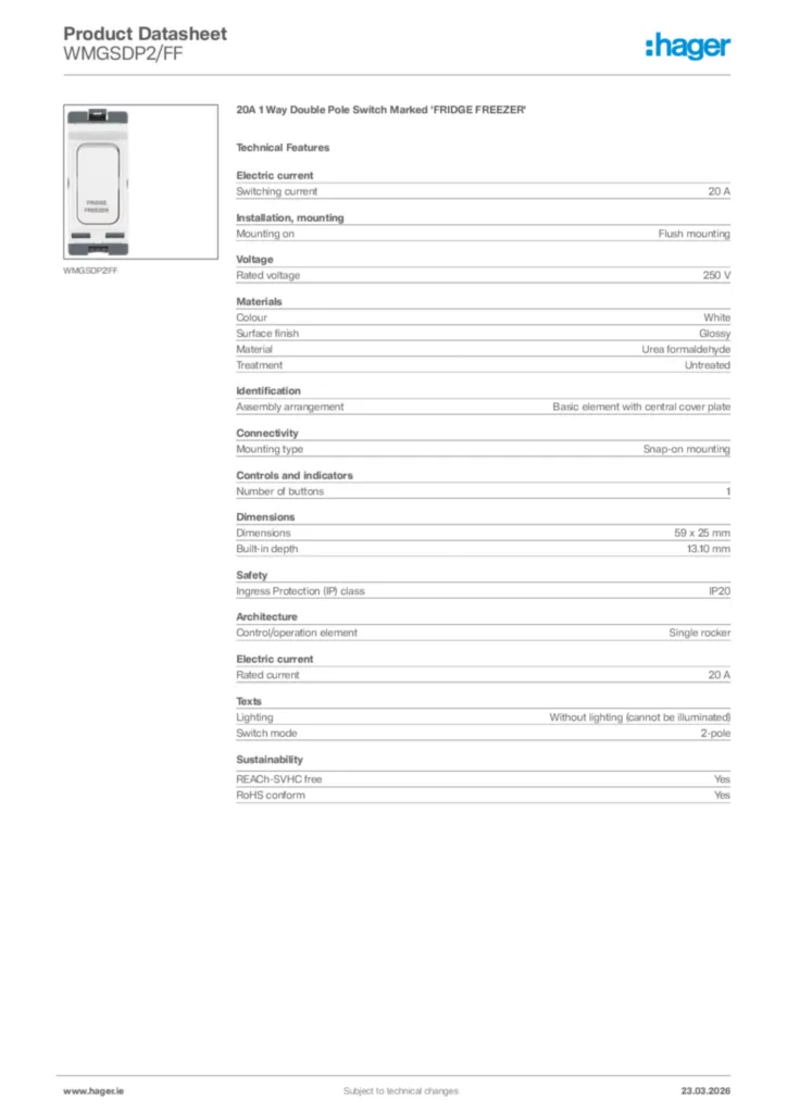 Image Hager Product data sheet WMGSDP2/FF  | Hager