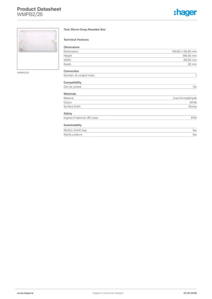 Image Hager Product data sheet WMPB2/28  | Hager