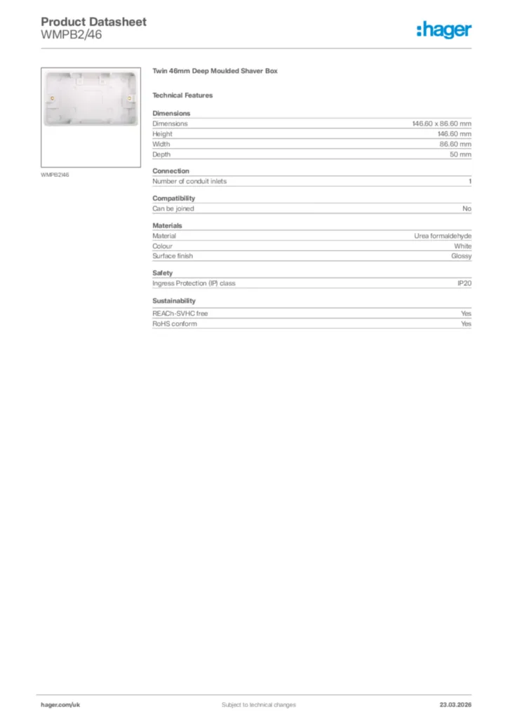 Image Hager Product data sheet WMPB2/46  | Hager
