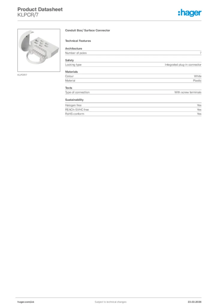 Image Hager Product data sheet KLPCR/7  | Hager