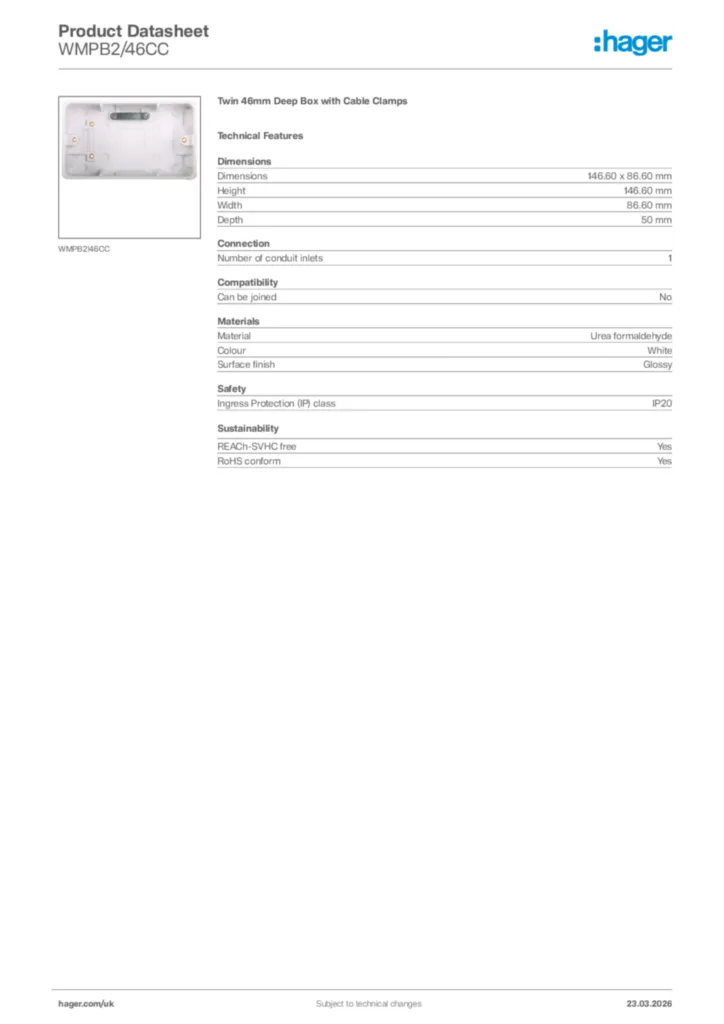 Image Hager Product data sheet WMPB2/46CC  | Hager