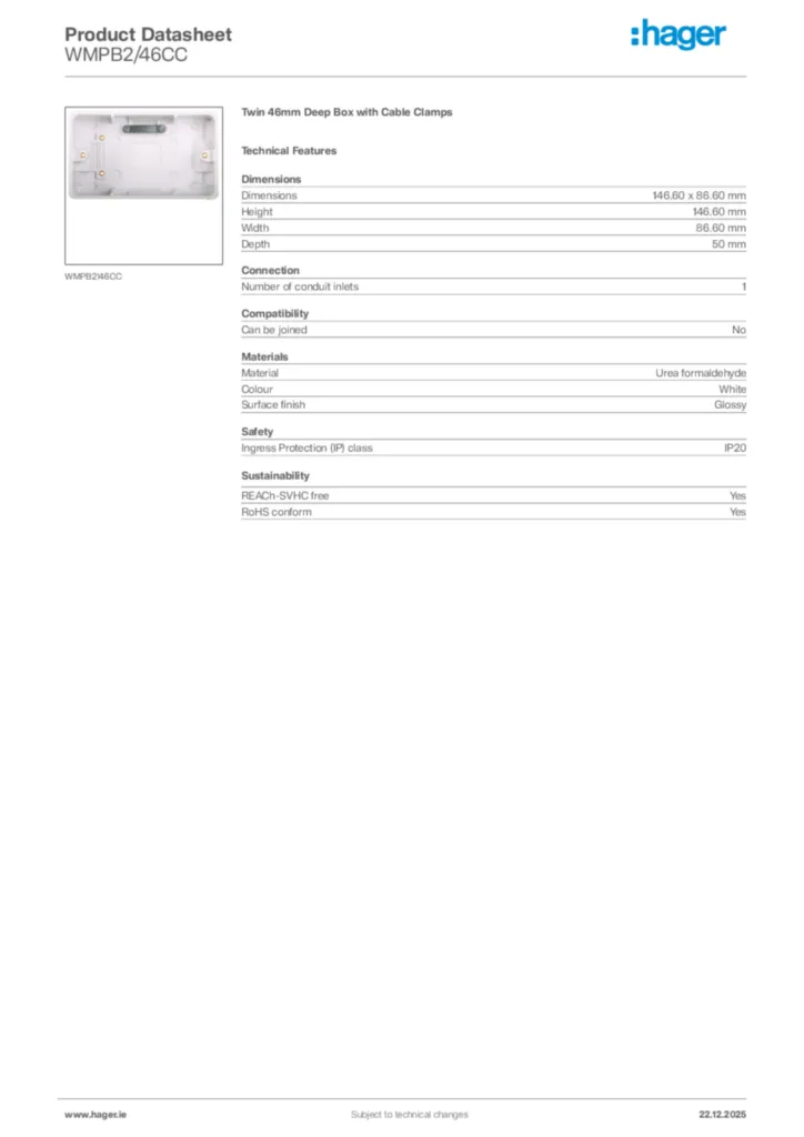 Image Hager Product data sheet WMPB2/46CC  | Hager
