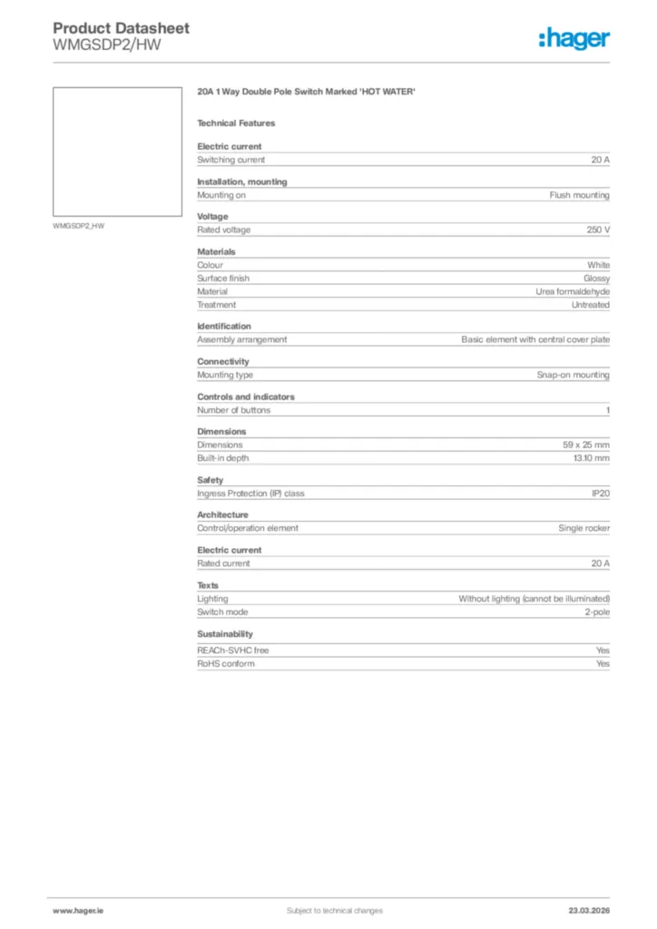 Image Hager Product data sheet WMGSDP2/HW  | Hager