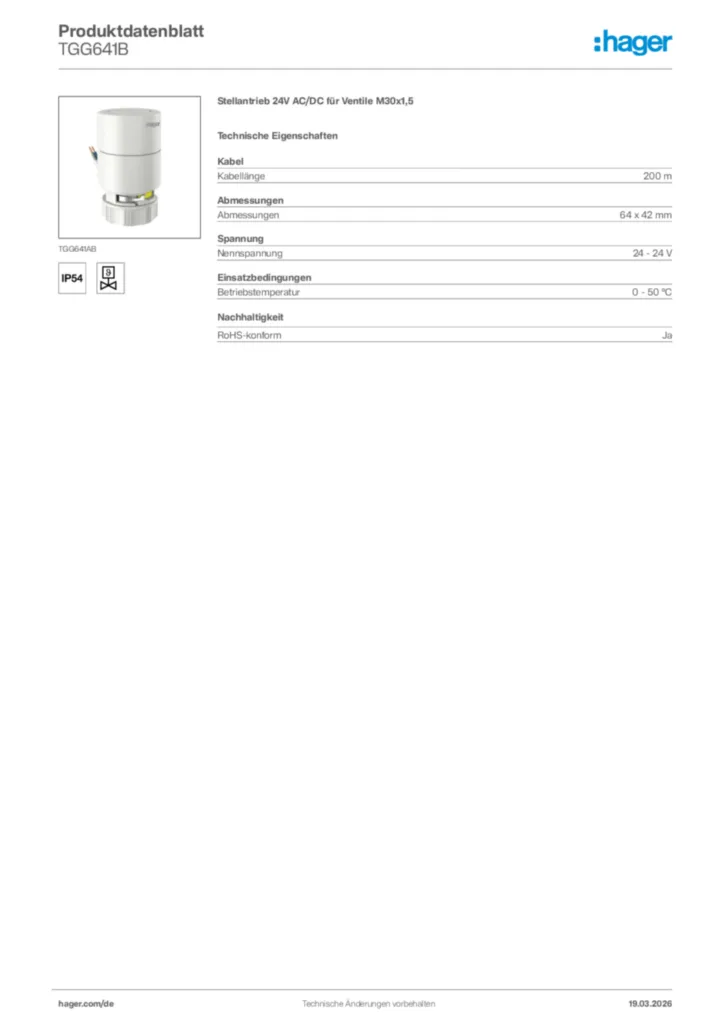 Bild Hager Produktdatenblatt TGG641B | Hager Deutschland