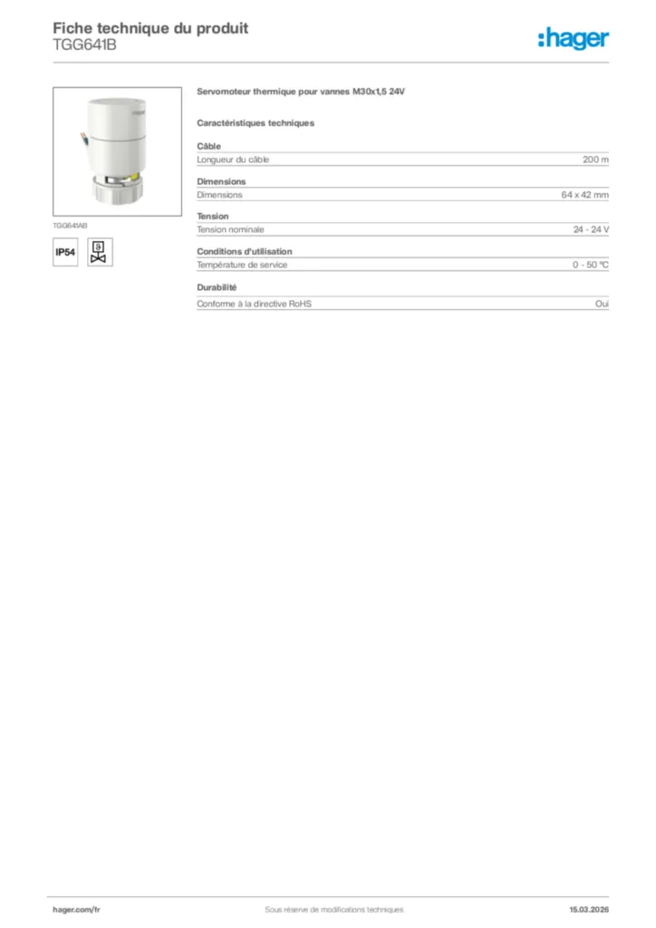 Image Hager Fiche technique du produit TGG641B | Hager France