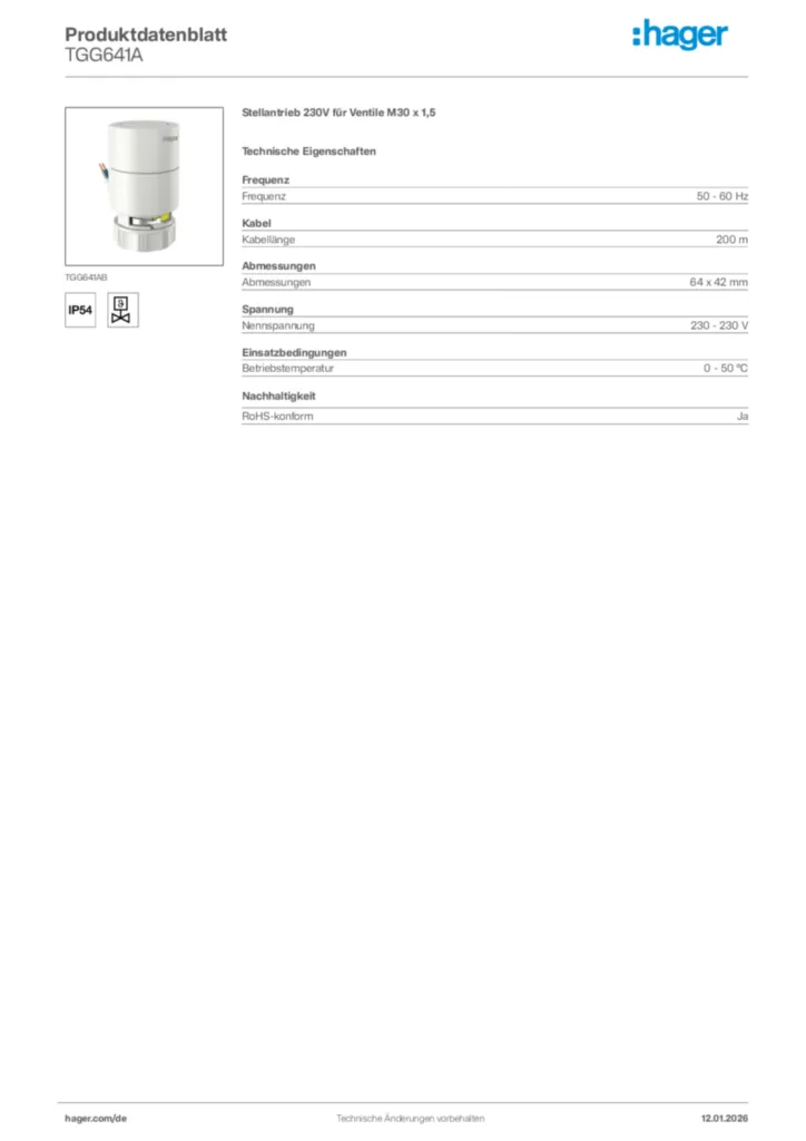 Bild Hager Produktdatenblatt TGG641A | Hager Deutschland