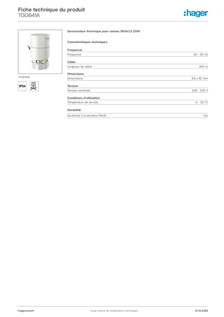 Image Hager Fiche technique du produit TGG641A | Hager France