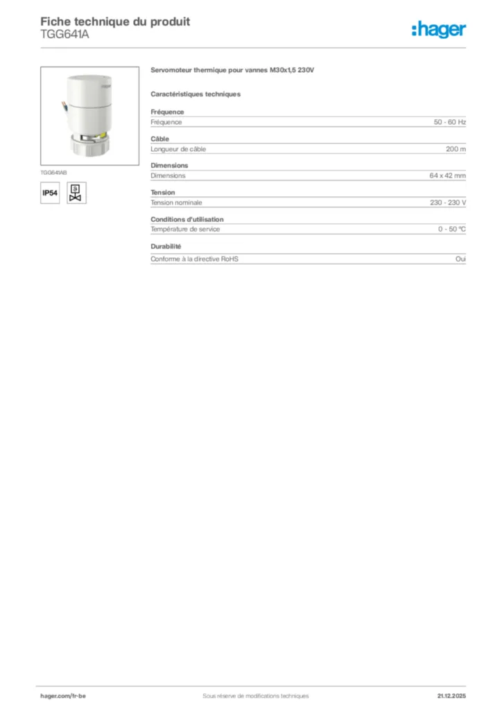Image Hager Fiche technique du produit TGG641A | Hager Belgique