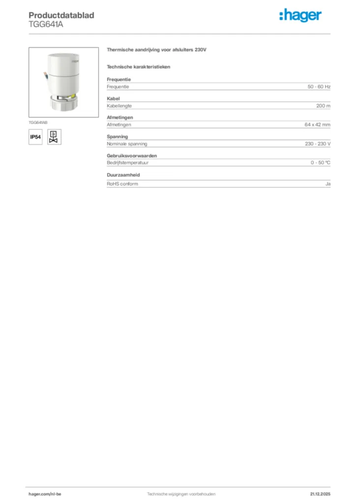 Afbeelding Hager Productdatablad TGG641A | Hager Belgium