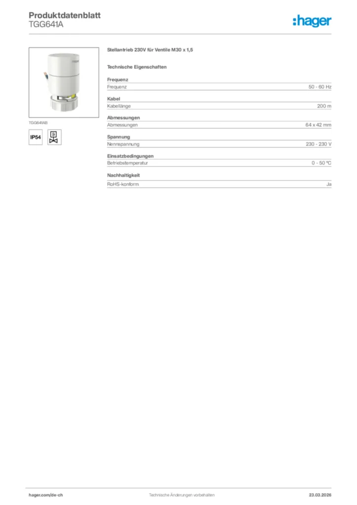 Bild Hager Produktdatenblatt TGG641A | Hager Schweiz