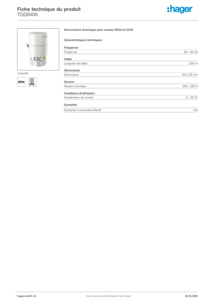 Image Hager Fiche technique du produit TGG641A | Hager Suisse