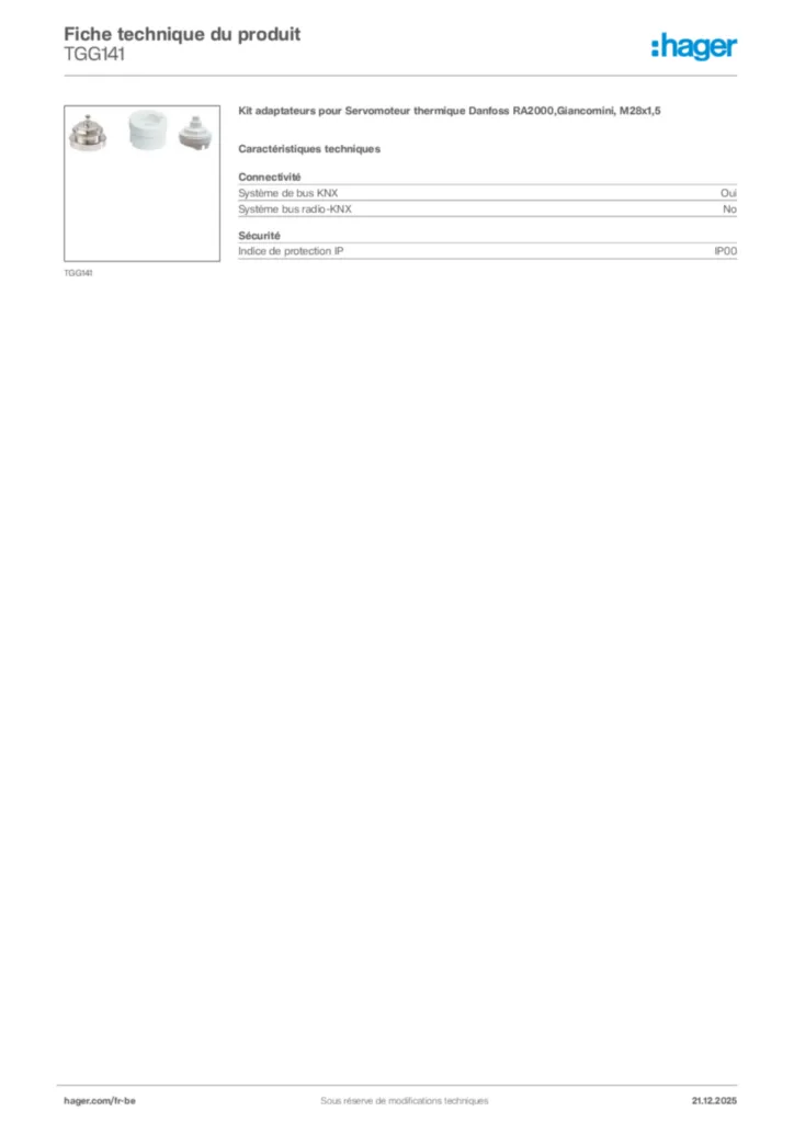 Image Hager Fiche technique du produit TGG141 | Hager Belgique