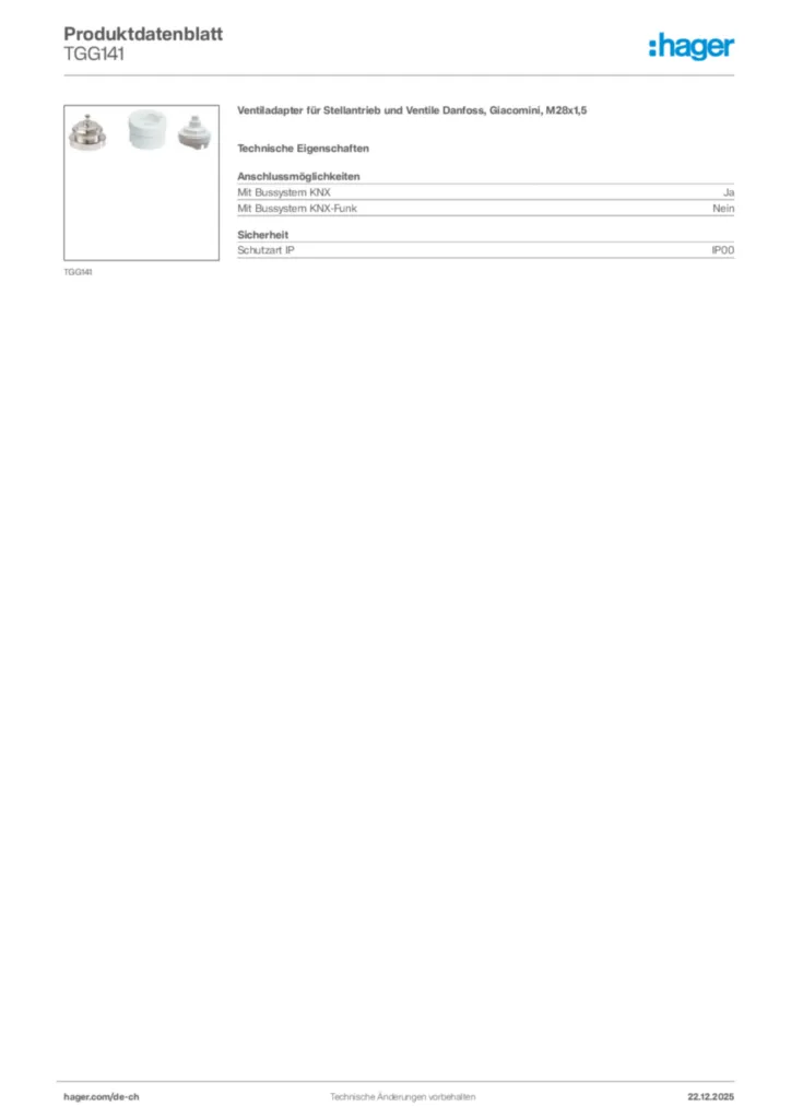 Bild Hager Produktdatenblatt TGG141 | Hager Schweiz