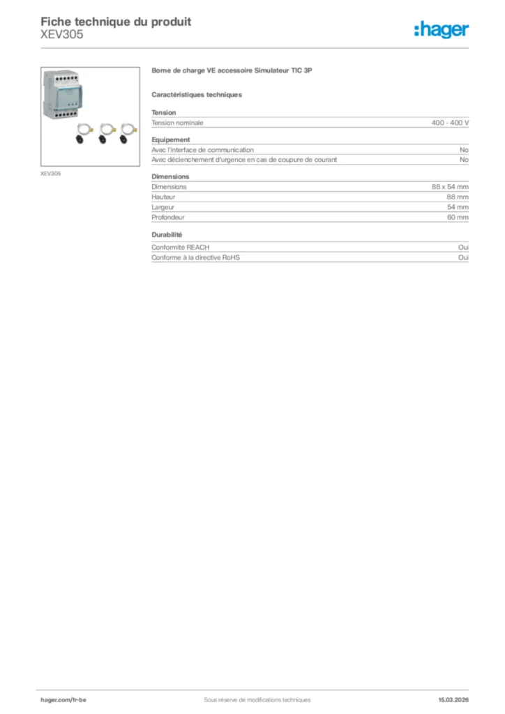 Image Hager Fiche technique du produit XEV305 | Hager Belgique
