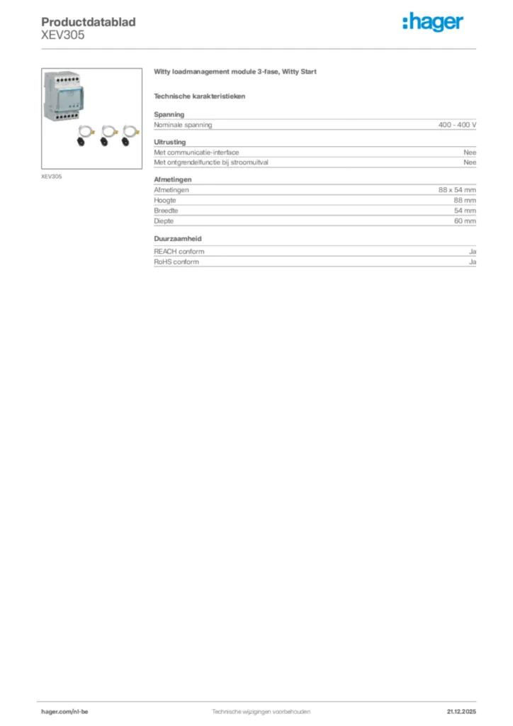 Afbeelding Hager Productdatablad XEV305 | Hager Belgium